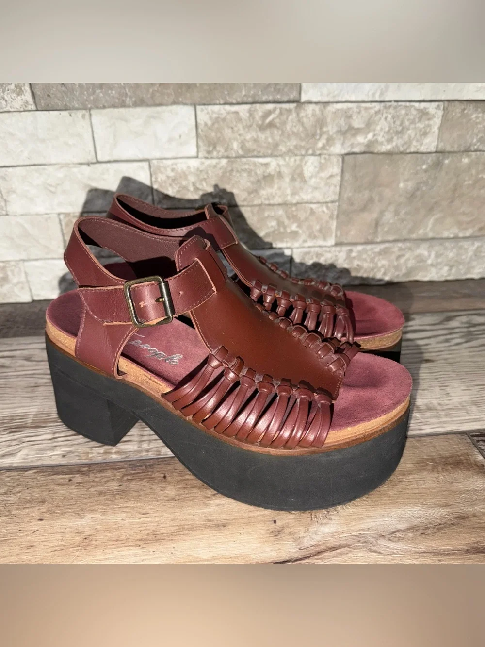 Free People Ava Platform Sandal Burgundy Huarache Weaved Leather 38